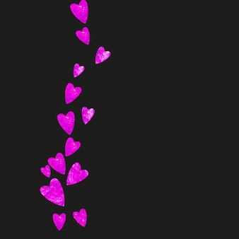 Cartão de dia dos namorados com corações rosa glitter. 14 de fevereiro. confetes de vetor para modelo de cartão de dia dos namorados. textura desenhada mão do grunge. tema de amor para oferta especial de negócios, banner, panfleto.