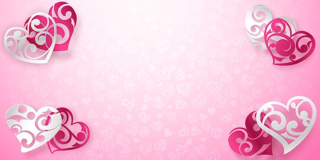 Cartão de dia dos namorados com corações vermelhos e brancos com cachos e sombras no fundo rosa