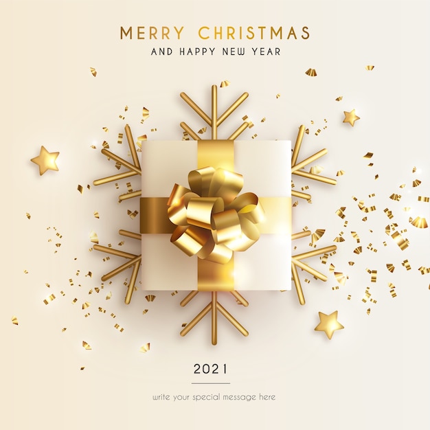 Vetor grátis cartão de felicitações de natal e ano novo mínimo com um presente realista e estrelas