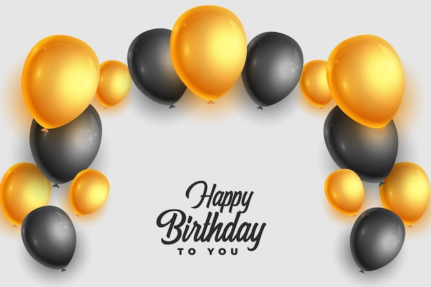 Cartão de feliz aniversário realista com balões dourados e pretos