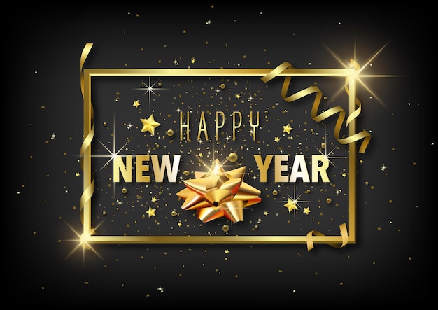 Cartão de feliz ano novo luxuoso com decoração dourada no preto