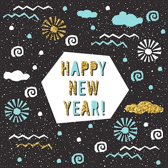 Cartão de feliz ano novo. padrão de texto feito à mão para design de cartão de ano novo, convite, camiseta, panfleto de festa, calendário do novo ano 2018, etc. textura de ouro.