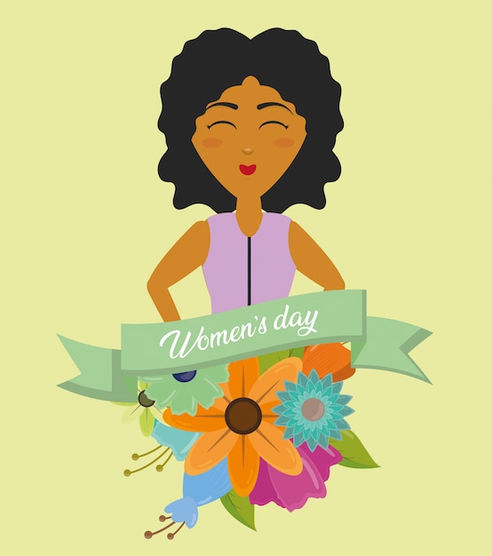 Cartão de feliz dia das mulheres, mulher com fita e flores