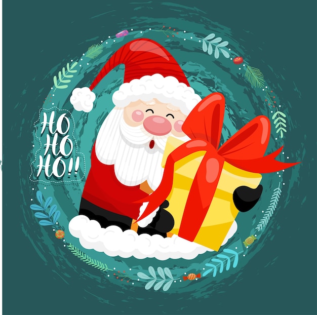Vetor grátis cartão de feliz natal com o papai noel segurando caixas de presente na área do círculo