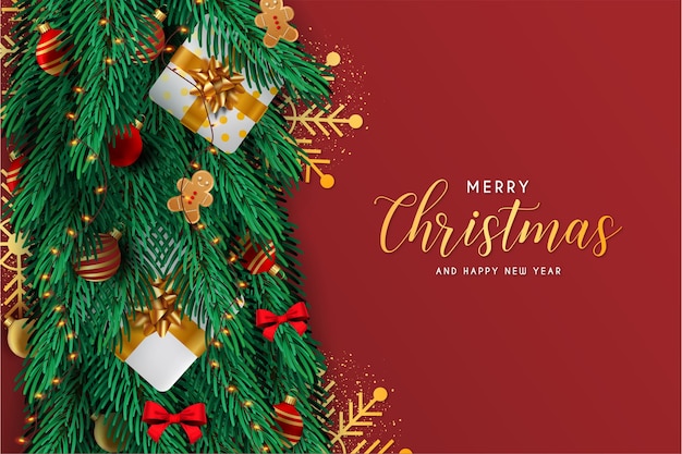 Cartão de feliz natal e feliz ano novo com elementos de decoração realistas