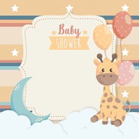 Cartão de girafa animal com balões e nuvens