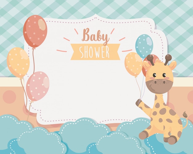 Cartão de girafa bonitinha com balões e nuvens