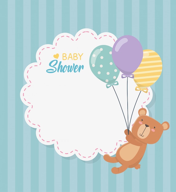 Vetor grátis cartão de laço de chuveiro de bebê com ursinho ursinho e balões de hélio