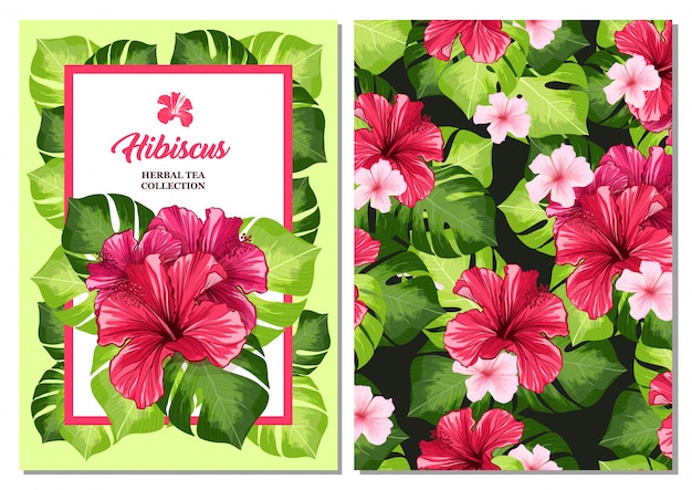 Cartão de panfleto ou folheto de chá com flor de fragrância vermelha de hibisco havaiano.