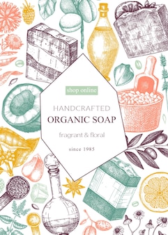 Cartão de sabonete orgânico ou design de folheto em cores materiais aromáticos e ingredientes aromáticos desenhados à mão