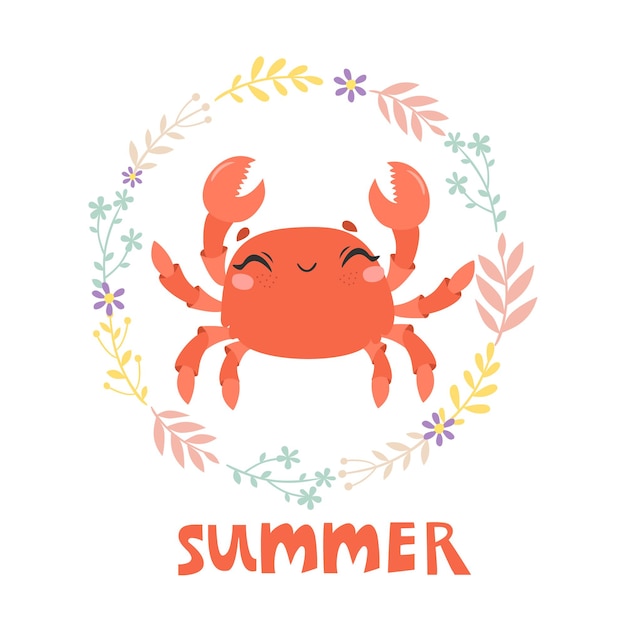 Vetor grátis cartão de verão com caranguejo engraçado