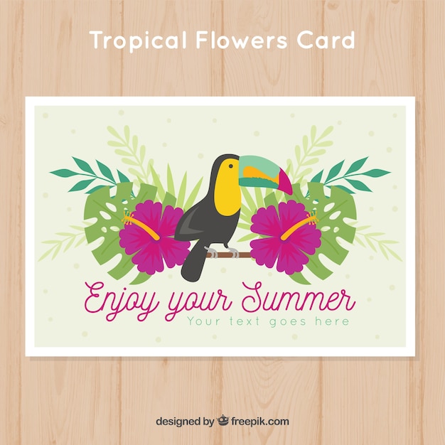 Cartão de verão com flores e toucan