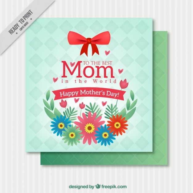 Vetor grátis cartão do dia das mães feliz com flores e um laço vermelho