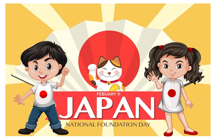Vetor grátis cartão do dia nacional do japão com personagem de desenho animado infantil japonês