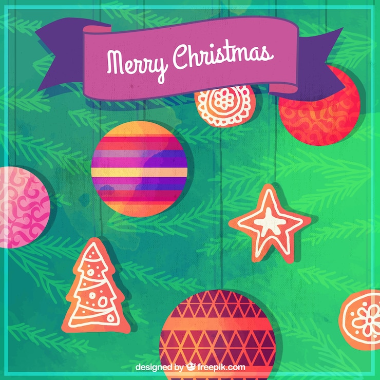 Vetor grátis cartão do feliz natal com esferas da aguarela e biscoitos de gengibre