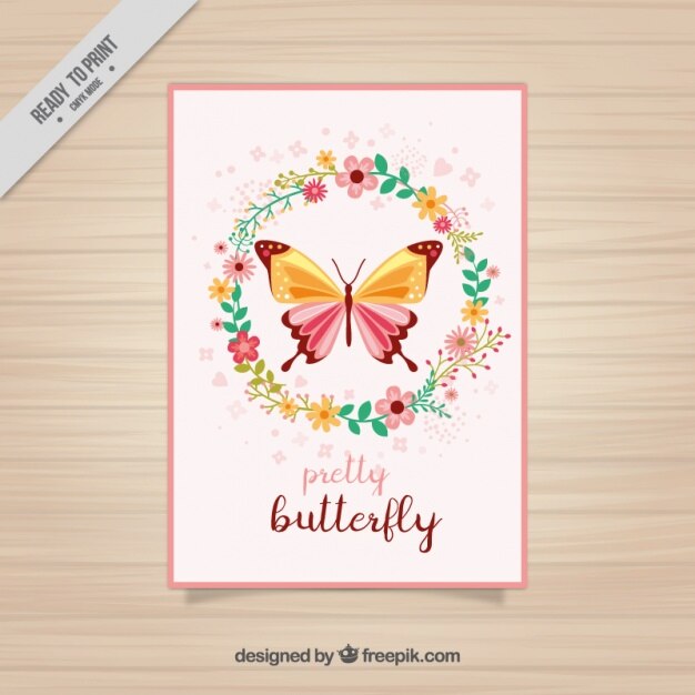 Cartão floral da borboleta com coroa de flores