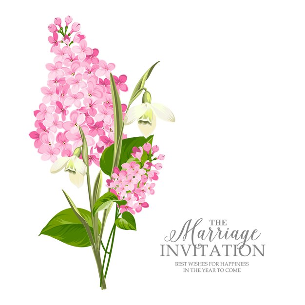 Cartão moldura de casamento com floração lilás.