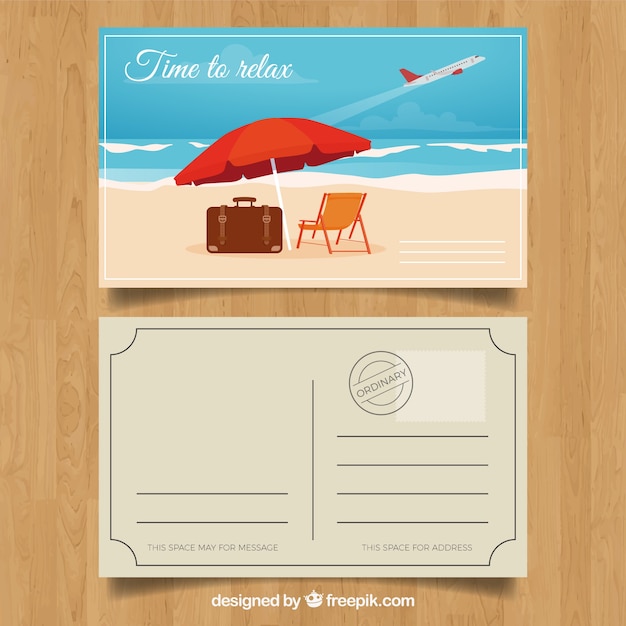 Cartão postal de viagens de verão com design plano