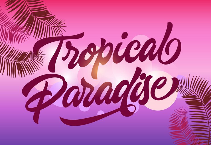 Vetor grátis cartão postal do paraíso tropical com palma deixa em magenta e violeta fundo desfocado