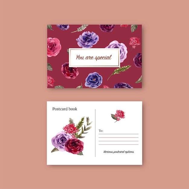 Cartão postal floral vinho com rosa, ilustração aquarela.