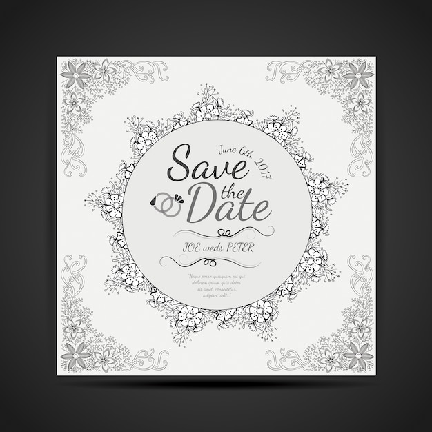 Vetor grátis cartão preto e branco desenhado mão do convite do casamento do projeto da mandala