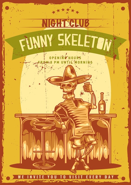 Vetor grátis cartaz com ilustração de esqueleto mexicano bêbado