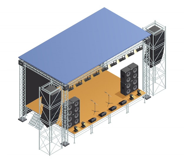 Cartaz com imagem isométrica de construção metálica de palco com holofotes de microfones de alto-falantes e