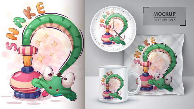Cartaz da cobra louca e merchandising