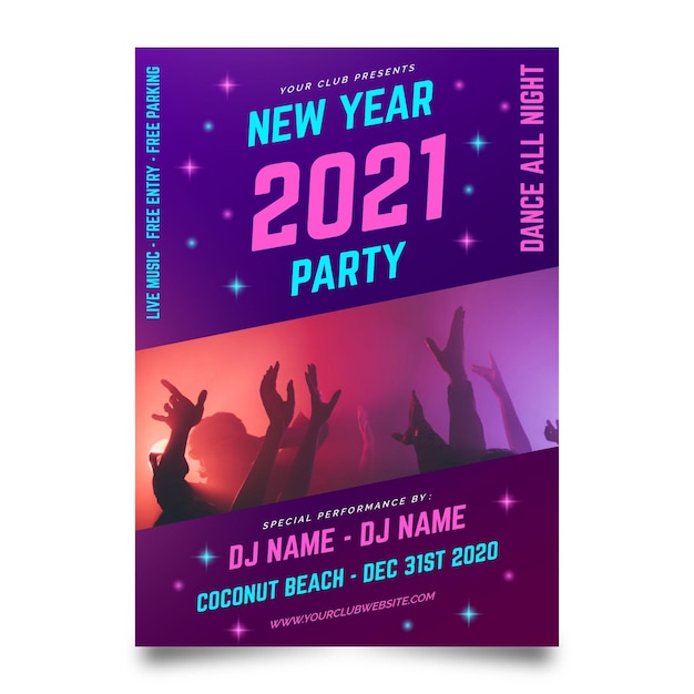 Cartaz da festa de ano novo de 2021 com foto