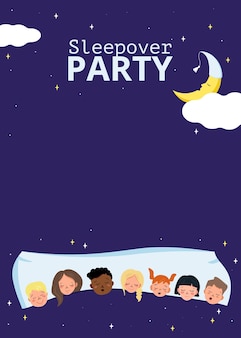 Cartaz da festa do pijama de crianças no estilo de festa do pijama. cartão com texto em um fundo azul. crianças de diferentes nacionalidades dormem juntas em um travesseiro, lua sonolenta e estrelas. ilustração em vetor plana