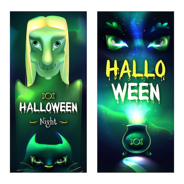 Cartaz da noite de halloween com gato mágico de bruxa assustadora e poção verde