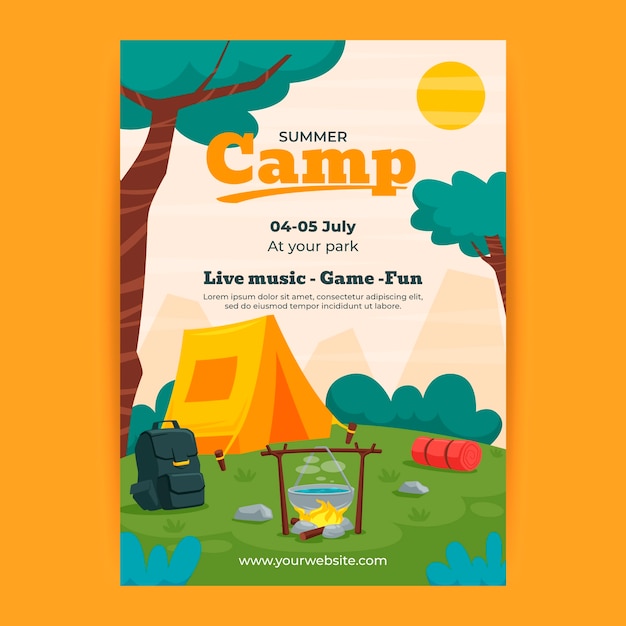 Vetor grátis cartaz de acampamento de verão desenhado à mão