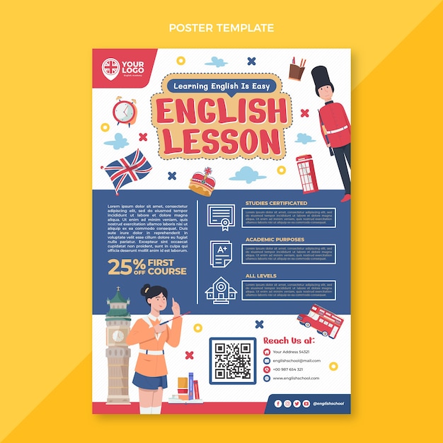 Vetor grátis cartaz de aulas de inglês de design plano desenhado à mão