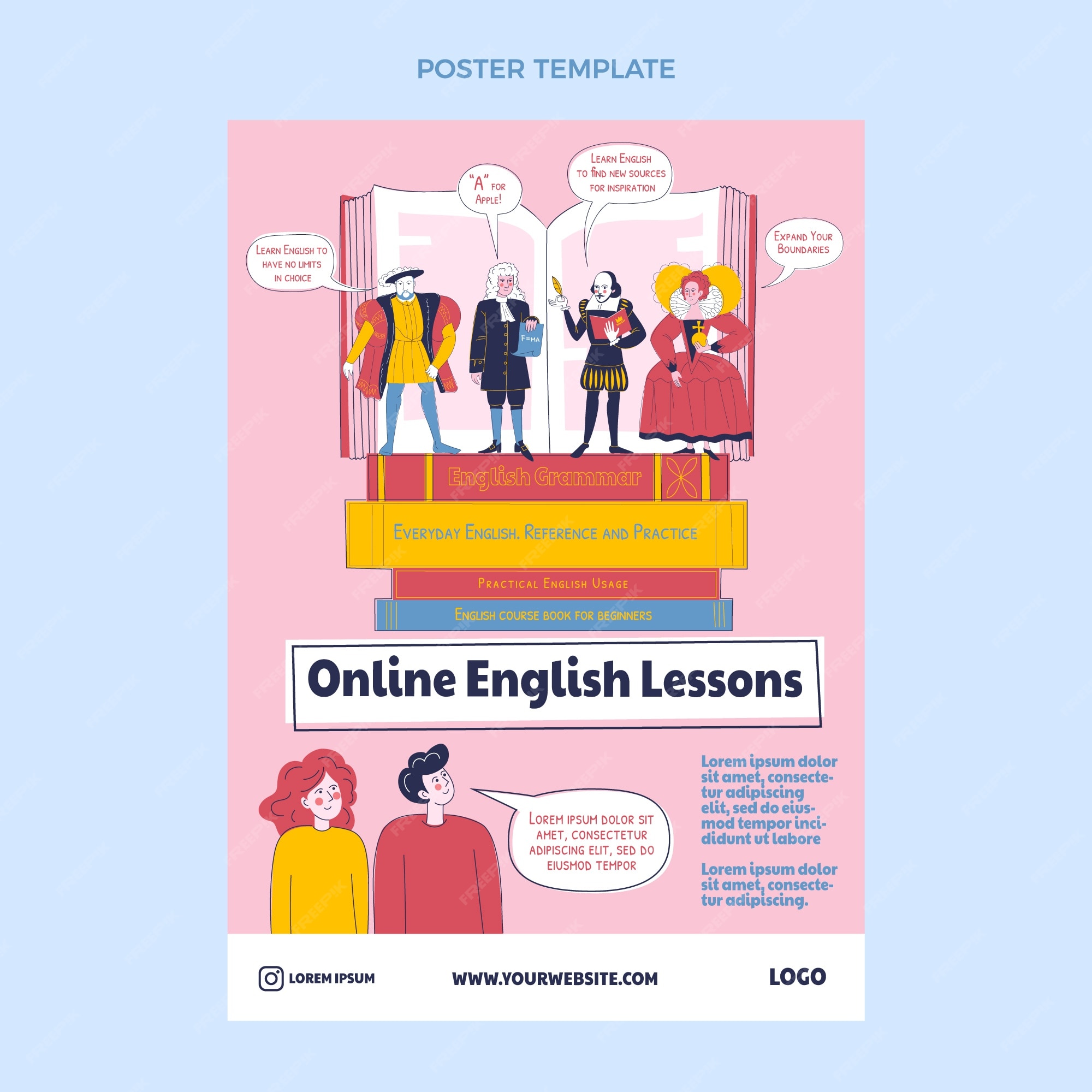 Cartaz de aulas de inglês de design plano desenhado à mão