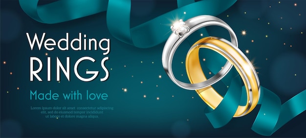 Vetor grátis cartaz de casamento de anel realista com texto ornamentado isolado e partículas brilhantes com ilustração em vetor anéis de fita e luxo