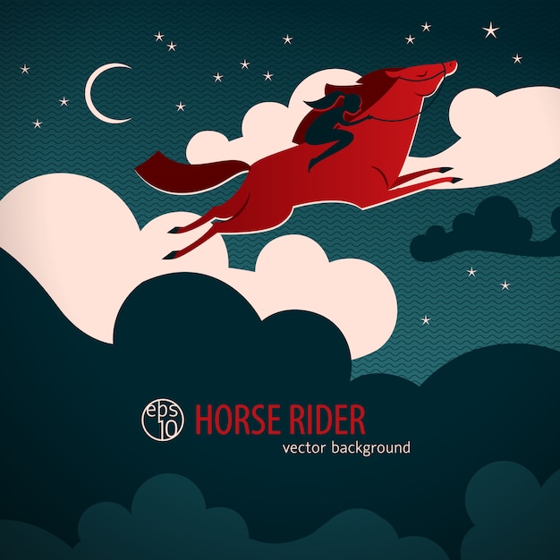 Vetor grátis cartaz de cavalo vermelho selvagem com cavalo atravessar o céu noturno com um piloto