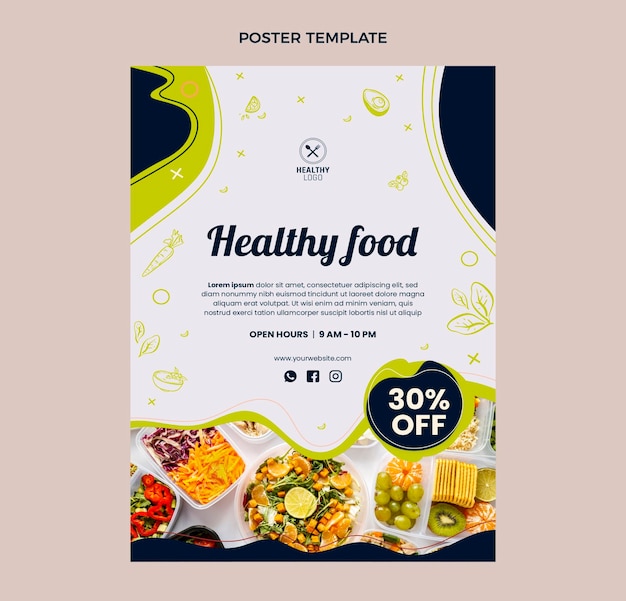 Cartaz de comida saudável de design plano