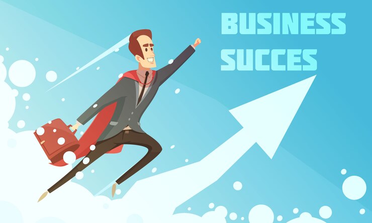 Vetor grátis cartaz de crescimento do negócio simbólico dos desenhos animados de sucesso com empresários a subir a subir o fundo gráfico seta a sorrir