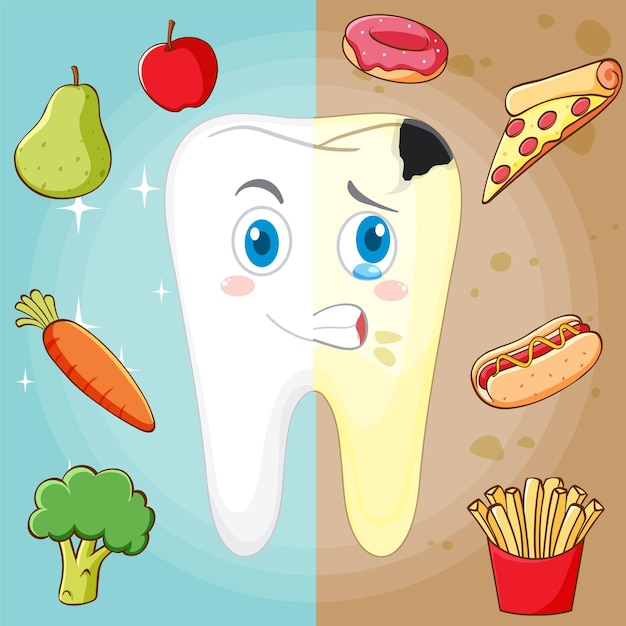 Vetor grátis cartaz de dente saudável e cárie dentária