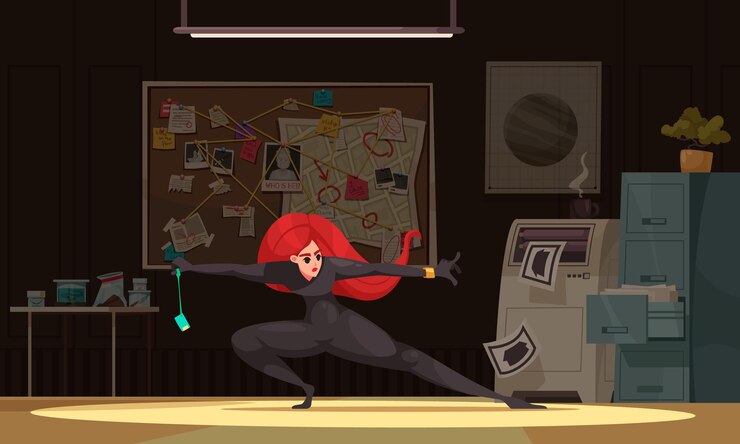 Vetor grátis cartaz de desenho animado super agente com linda fêmea em ilustração vetorial de imagem de assassino