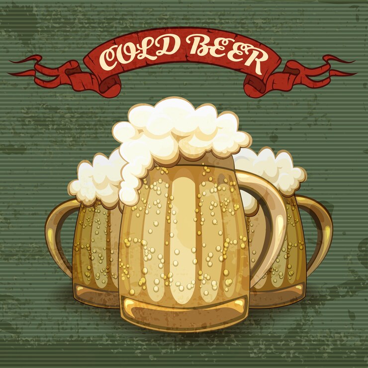 Vetor grátis cartaz de estilo retro para cerveja gelada com três canecas ou canecas de cerveja dourada com gotas de condensação e boas cabeças de espuma branca em uma ilustração vetorial listrada texturizada