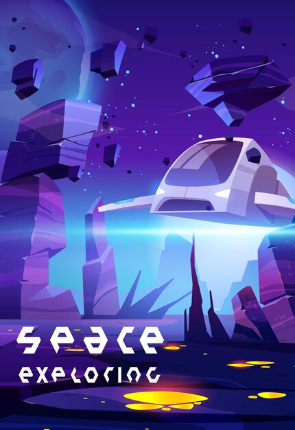 Cartaz de exploração do espaço com nave espacial e superfície de planeta alienígena