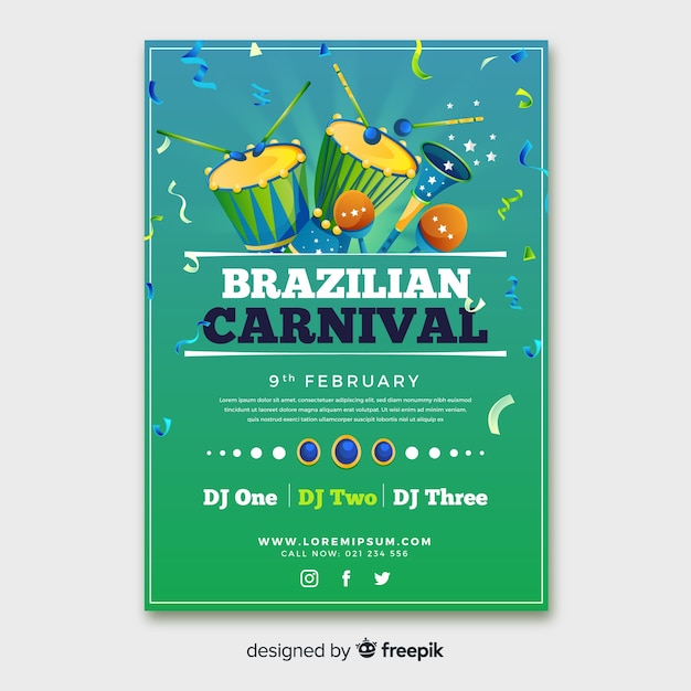 Vetor grátis cartaz de festa de carnaval brasileiro de instrumentos