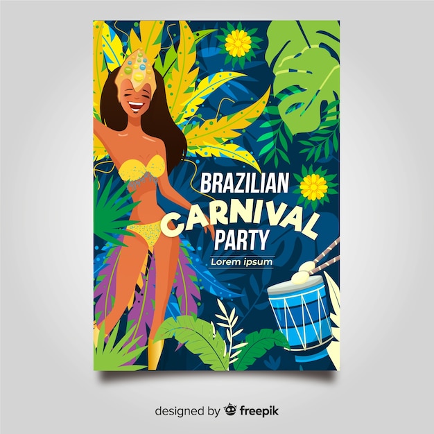 Vetor grátis cartaz de festa de carnaval brasileiro mão desenhada dançarina