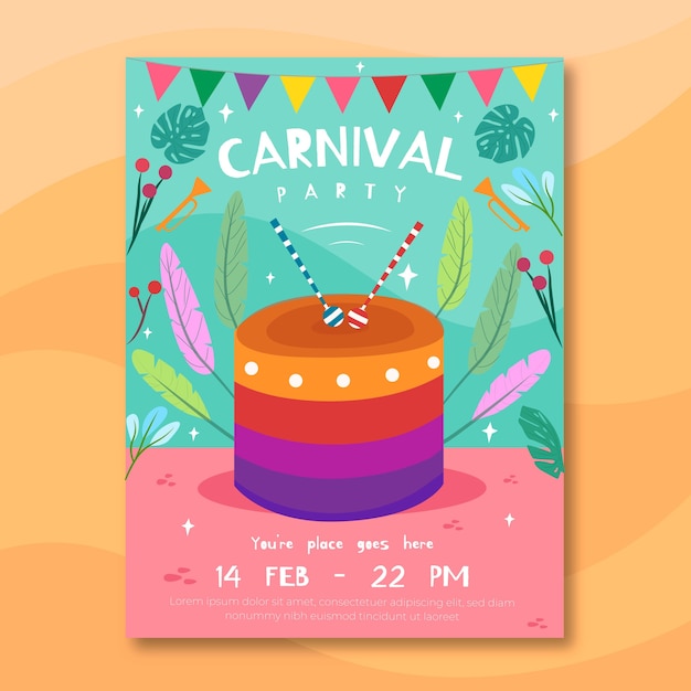 Cartaz de festa de carnaval com bolo e plantas