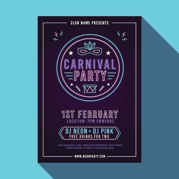 Cartaz de festa de carnaval de néon