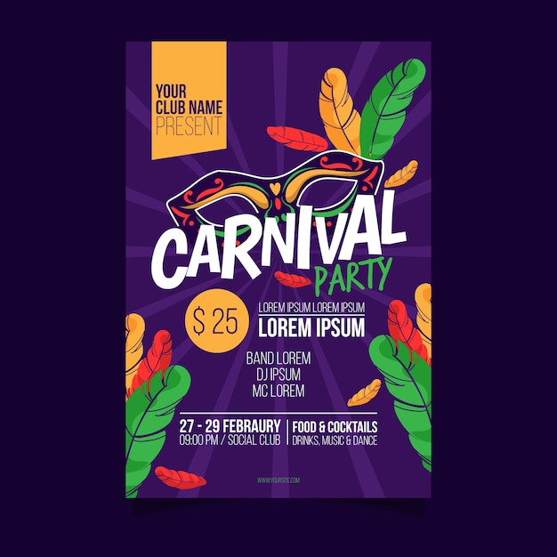 Vetor grátis cartaz de festa de carnaval em design plano