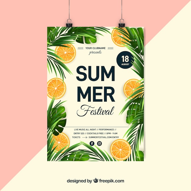 Cartaz de festa de verão com plantas realistas