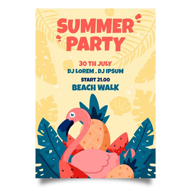 Cartaz de festa flamingo pássaro mão desenhada verão