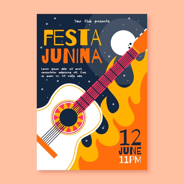 Cartaz de festa junina de design plano com guitarra